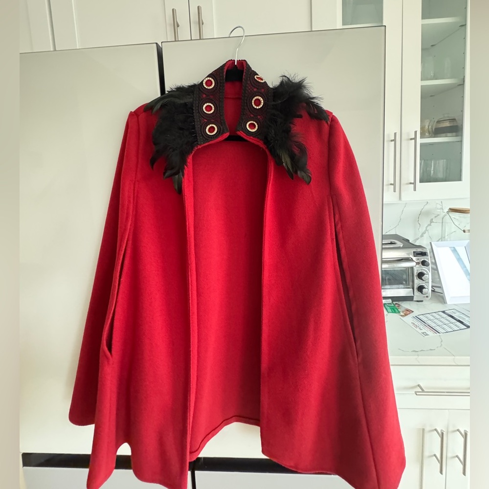 Red Cape with Black Feather Trim